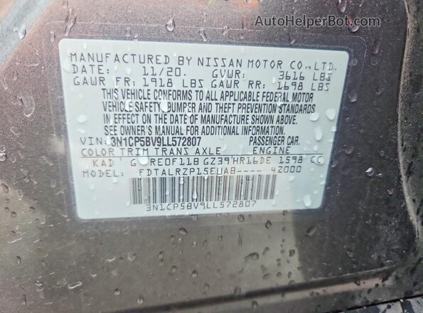 3N1CP5BV9LL572807 2020 NISSAN KICKS Gray Widok naklejki z numerem VIN