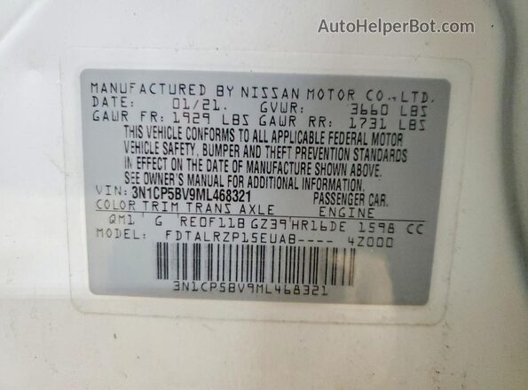 3N1CP5BV9ML468321 2021 NISSAN KICKS White VIN კოდის სტიკერის ხედი