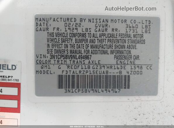 3N1CP5BV9NL494967 2022 NISSAN KICKS White Widok komory silnika