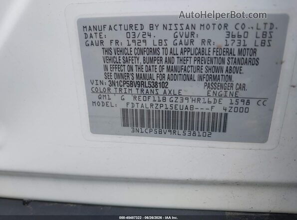 3N1CP5BV9RL538102 2024 NISSAN KICKS White Vista del compartimento del motor
