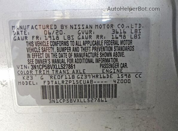 3N1CP5BVXLL527861 2020 NISSAN KICKS Silver Շարժիչի բաժամունքի տեսք