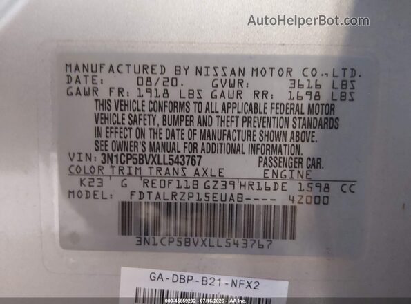 3N1CP5BVXLL543767 2020 NISSAN KICKS Silver Vista del compartimento del motor