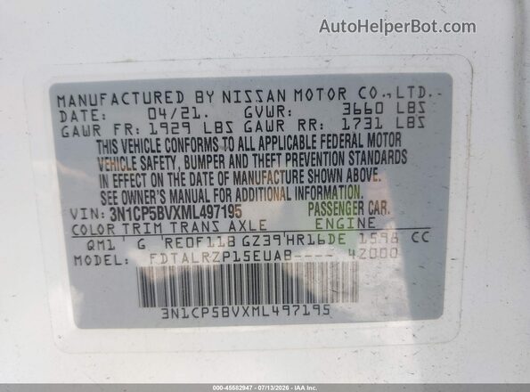 3N1CP5BVXML497195 2021 NISSAN KICKS White Вид підкапотного простору