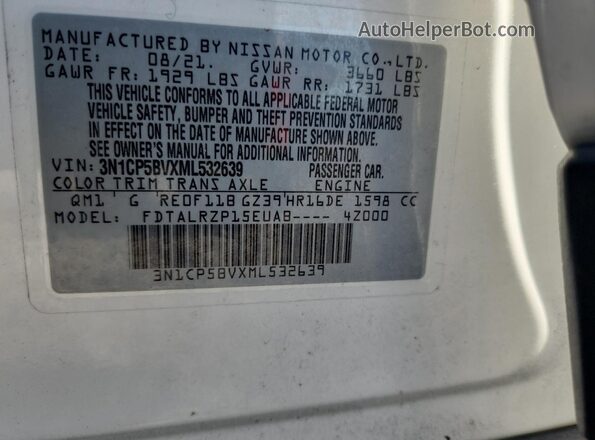 3N1CP5BVXML532639 2021 NISSAN KICKS Белый Вид наклейки с VIN-кодом