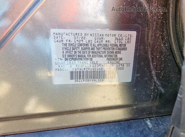 3N1CP5BVXNL528110 2022 NISSAN KICKS Charcoal VIN კოდის სტიკერის ხედი