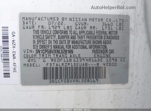 3N1CP5BVXNL528169 2022 NISSAN KICKS White Widok komory silnika