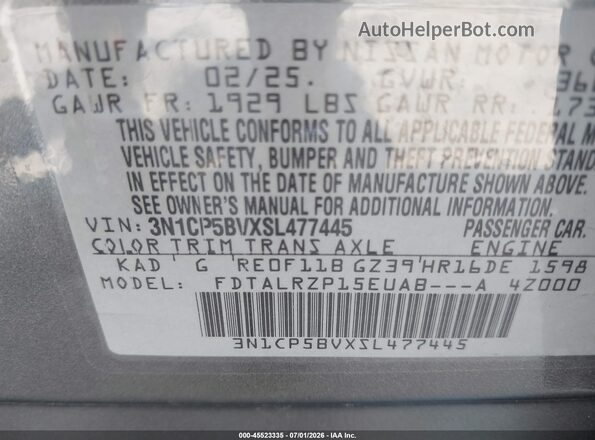 3N1CP5BVXSL477445 2025 NISSAN KICKS PLAY Gray Engine compartment view
