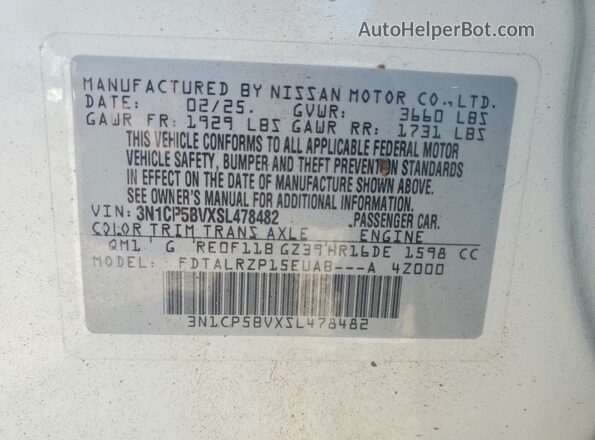 3N1CP5BVXSL478482 2025 NISSAN KICKS White VIN კოდის სტიკერის ხედი