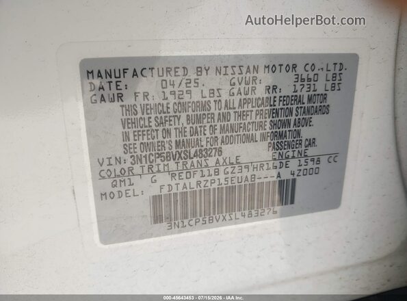 3N1CP5BVXSL483276 2025 NISSAN KICKS PLAY Белый Вид подкапотного пространства