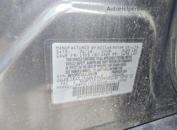 3N1CP5CU0JL509176 2018 NISSAN KICKS Gray VIN კოდის სტიკერის ხედი