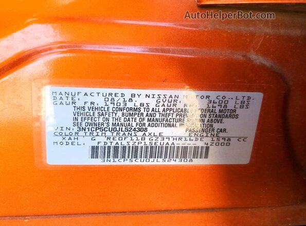 3N1CP5CU0JL524308 2018 NISSAN KICKS Orange Vista de la etiqueta del VIN
