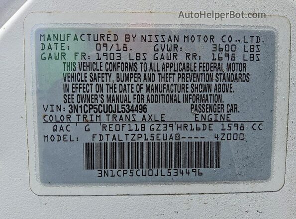 3N1CP5CU0JL534496 2018 NISSAN KICKS Белый Вид наклейки с VIN-кодом
