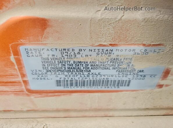 3N1CP5CU0JL538158 2018 NISSAN KICKS Orange VIN sticker view