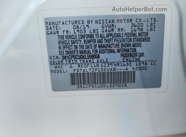 3N1CP5CU0KL559058 2019 NISSAN KICKS White Вид наклейки з VIN-кодом