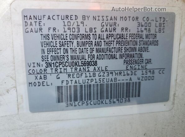 3N1CP5CU0KL569038 2019 NISSAN KICKS White VIN sticker view