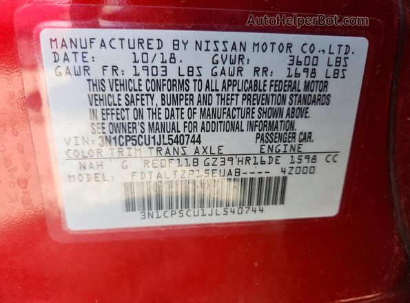 3N1CP5CU1JL540744 2018 NISSAN KICKS Maroon Вид наклейки з VIN-кодом