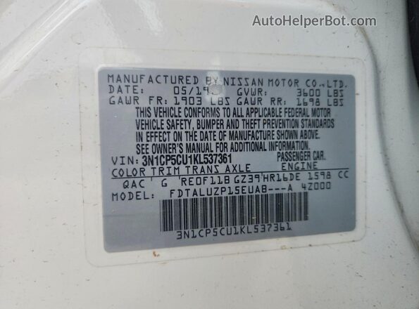 3N1CP5CU1KL537361 2019 NISSAN KICKS White VIN sticker view