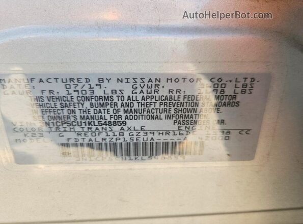 3N1CP5CU1KL548859 2019 NISSAN KICKS Серебряный Вид наклейки с VIN-кодом