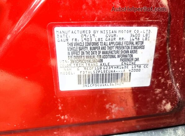 3N1CP5CU1KL563409 2019 NISSAN KICKS Red Вид наклейки з VIN-кодом