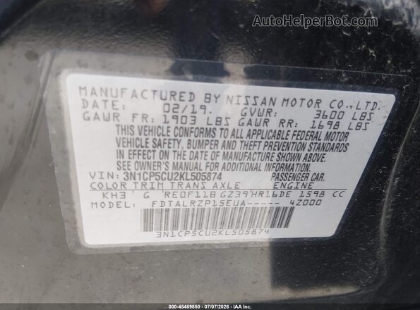 3N1CP5CU2KL505874 2019 NISSAN KICKS Black ძრავის განყოფილების ხედი