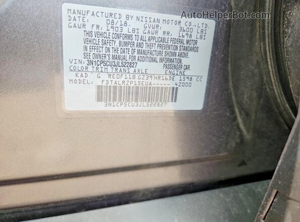 3N1CP5CU3JL522827 2018 NISSAN KICKS Gray ძრავის განყოფილების ხედი