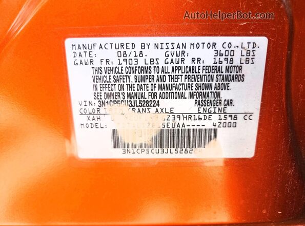 3N1CP5CU3JL528224 2018 NISSAN KICKS Orange VIN sticker view