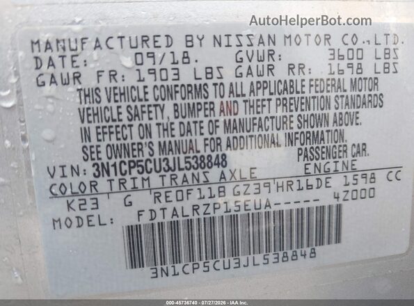 3N1CP5CU3JL538848 2018 NISSAN KICKS Silver Շարժիչի բաժամունքի տեսք