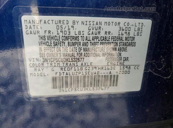 3N1CP5CU3KL532677 2019 NISSAN KICKS Blue Вид підкапотного простору