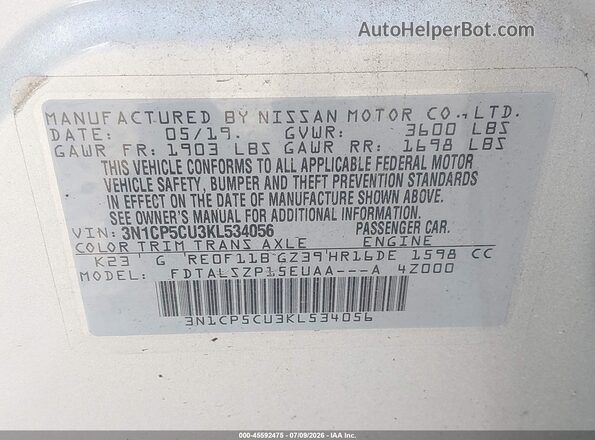 3N1CP5CU3KL534056 2019 NISSAN KICKS Silver Engine compartment view