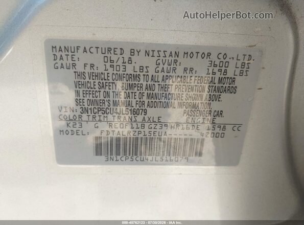 3N1CP5CU4JL516079 2018 NISSAN KICKS Silver Widok komory silnika
