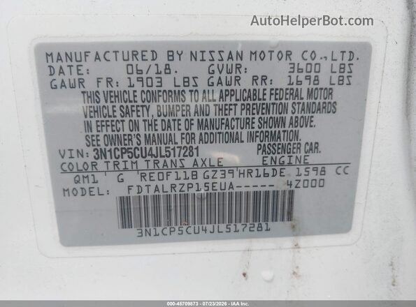 3N1CP5CU4JL517281 2018 NISSAN KICKS White ძრავის განყოფილების ხედი