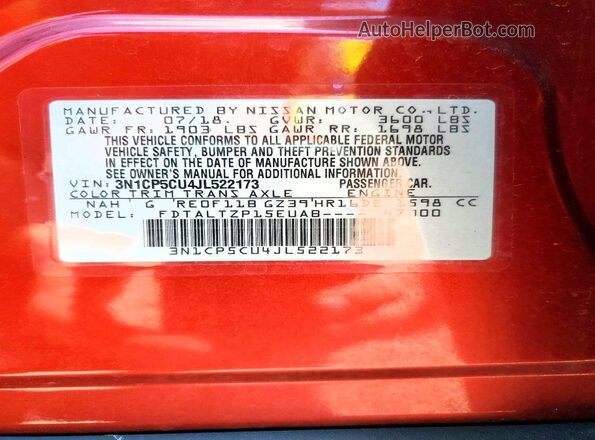3N1CP5CU4JL522173 2018 NISSAN KICKS Maroon Вид наклейки з VIN-кодом