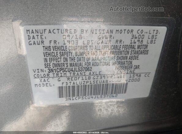 3N1CP5CU4JL537062 2018 NISSAN KICKS Gray Շարժիչի բաժամունքի տեսք