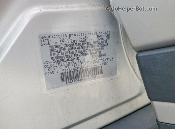 3N1CP5CU4KL511112 2019 NISSAN KICKS Silver VIN sticker view