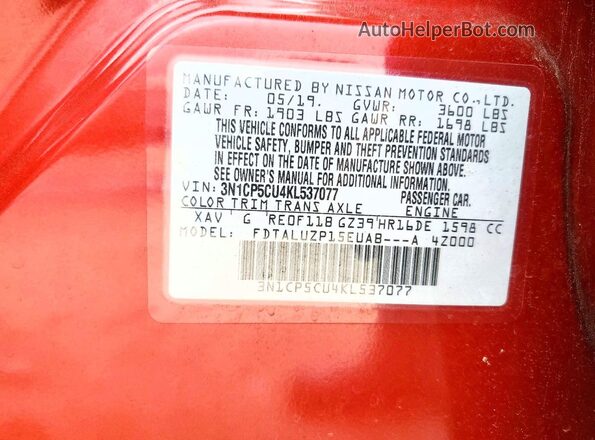 3N1CP5CU4KL537077 2019 NISSAN KICKS Red VIN კოდის სტიკერის ხედი