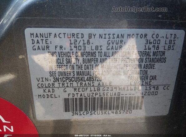 3N1CP5CU5KL485720 2019 NISSAN KICKS Gray Շարժիչի բաժամունքի տեսք