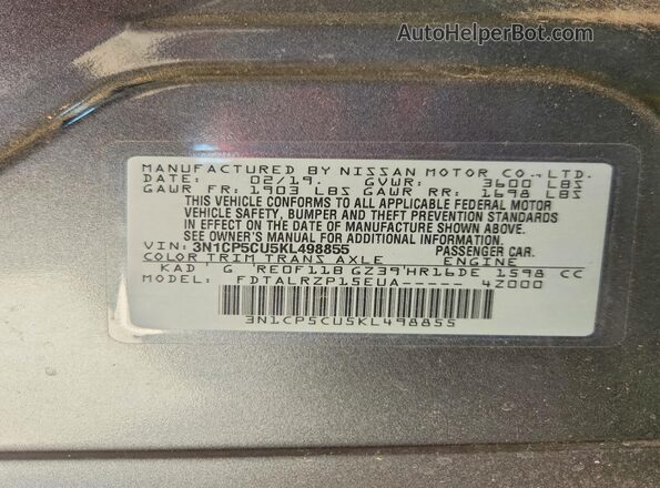 3N1CP5CU5KL498855 2019 NISSAN KICKS Gray ძრავის განყოფილების ხედი