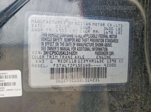 3N1CP5CU5KL514231 2019 NISSAN KICKS Black VIN კოდის სტიკერის ხედი