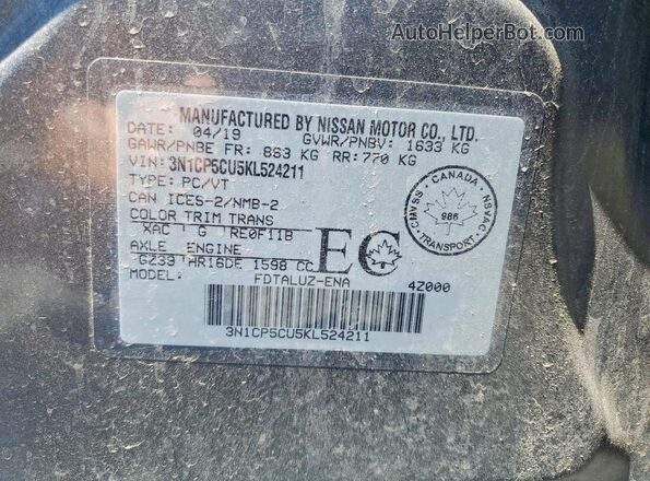 3N1CP5CU5KL524211 2019 NISSAN KICKS Gray Vista de la etiqueta del VIN
