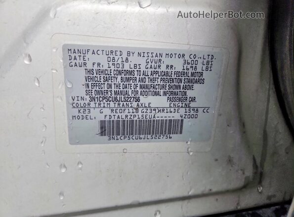 3N1CP5CU6JL522756 2018 NISSAN KICKS Silver VIN կոդի պիտակի տեսք
