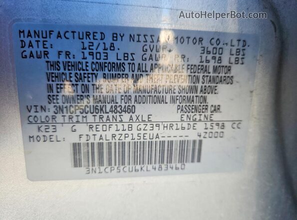 3N1CP5CU6KL483460 2019 NISSAN KICKS Silver Vista del compartimento del motor