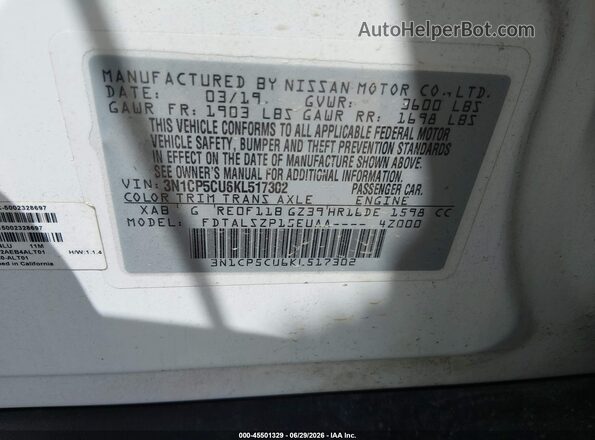 3N1CP5CU6KL517302 2019 NISSAN KICKS White Вид підкапотного простору