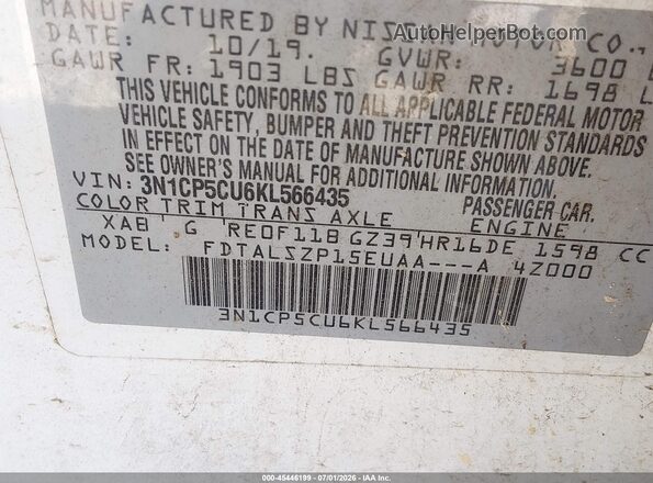 3N1CP5CU6KL566435 2019 NISSAN KICKS White Вид підкапотного простору