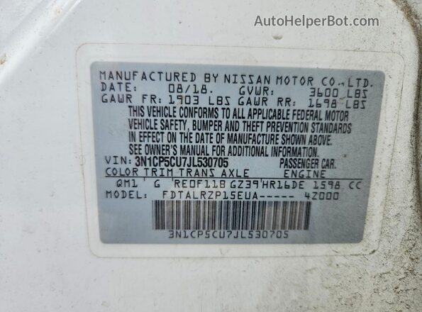 3N1CP5CU7JL530705 2018 NISSAN KICKS White Вид наклейки з VIN-кодом