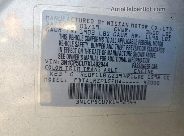 3N1CP5CU7KL492944 2019 NISSAN KICKS Silver Вид наклейки з VIN-кодом