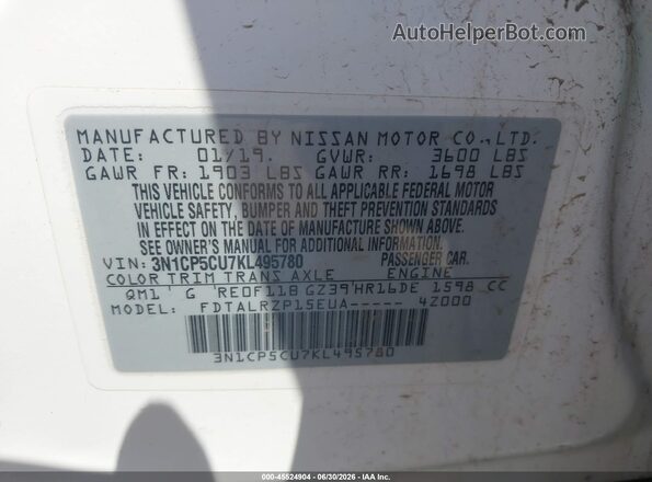 3N1CP5CU7KL495780 2019 NISSAN KICKS White ძრავის განყოფილების ხედი