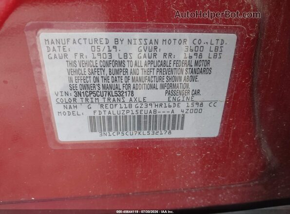 3N1CP5CU7KL532178 2019 NISSAN KICKS Red Շարժիչի բաժամունքի տեսք