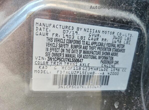 3N1CP5CU7KL550647 2019 NISSAN KICKS Gray VIN კოდის სტიკერის ხედი