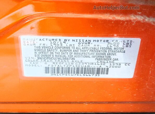 3N1CP5CU7KL566735 2019 NISSAN KICKS Orange Вид наклейки з VIN-кодом