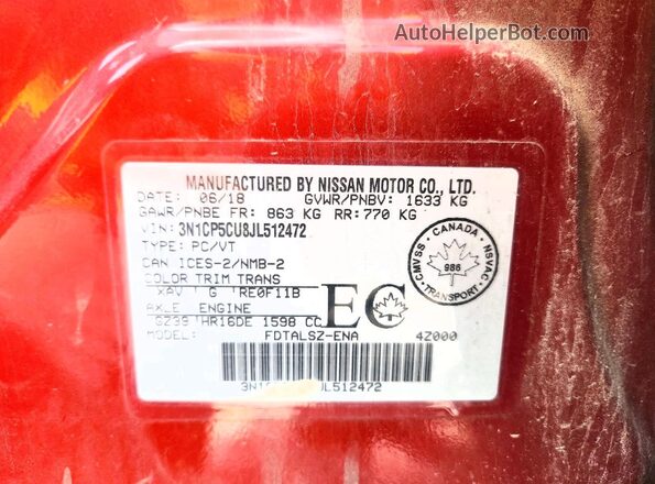 3N1CP5CU8JL512472 2018 NISSAN KICKS Red Вид підкапотного простору